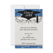 white snowflake damask on winter blue  graduation custom invite