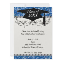 white snowflake damask on winter blue  graduation personalized announcements