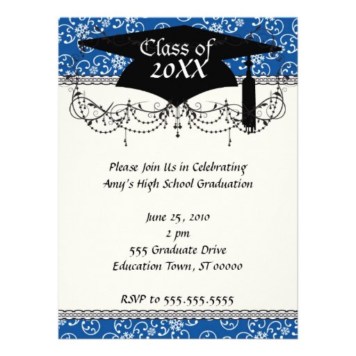 white snowflake damask on winter blue  graduation invite