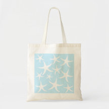 White Starfish Pattern on Light Blue. Canvas Bags