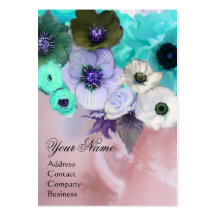 WHITE TEAL BLUE ROSES AND ANEMONE FLOWERS MONOGRAM BUSINESS CARDS