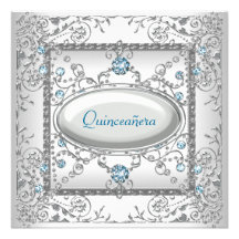 White Teal Quinceanera Personalized Invites