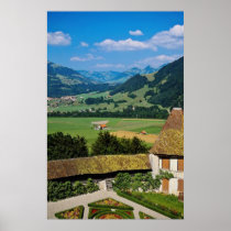 White The flowered courtyard of Gruyere Castle flo Poster