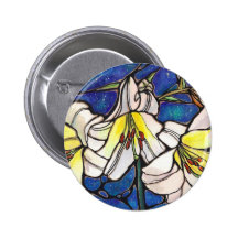 White Tiger Lily Flowers Stained Glass Design Art Buttons