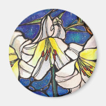 White Tiger Lily Flowers Stained Glass Design Art Refrigerator Magnets
