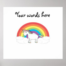 White unicorn on rainbow and clouds poster