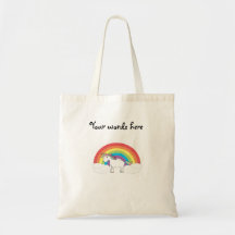 White unicorn on rainbow and clouds tote bags