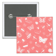 White Vector Bugs & Butterflies (Poppy Red Back) Buttons