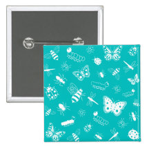 White Vector Bugs & Butterflies (Teal Background) Pinback Buttons