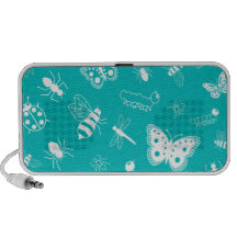 White Vector Bugs & Butterflies (Teal Background) Travelling Speakers