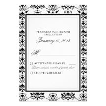 White w/ Black Damask Elegant Wedding RSVP Custom Personalized Invite