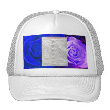 White Wedding Gown Blue Purple Roses Hat