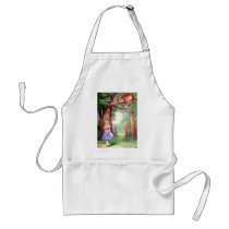 "WHO ARE YOU?" THE CHESHIRE CAT ASKS ALICE. APRON