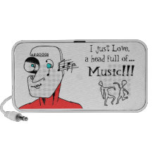 Wierd head full of music notations & crazy dancers travelling speaker