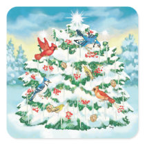 Wild Birds in Nature with Starlit Christmas Tree Square Sticker