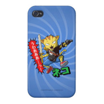 Wild Cat with Gun and Sword and Blue Swirl iPhone 4 Case