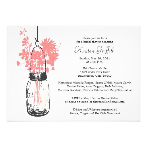 Wild flowers & Mason Jar Bridal Shower Personalized Invitations
