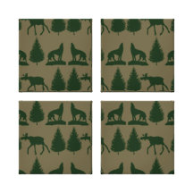 Wild Moose Wolves Pine Trees Rustic Tan Green Canvas Print