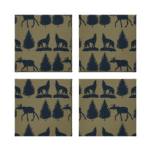 Wild Moose Wolves Pine Trees Rustic Tan Navy Blue Canvas Prints