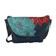 Wild Red and Teal Flowers on Navy Damask Style Messenger Bag