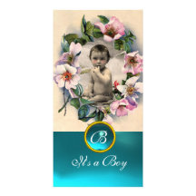 WILD ROSES AND AQUA BLUE GEM MONOGRAM PERSONALIZED PHOTO CARD