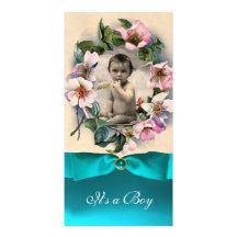 WILD ROSES AND BLUE RIBBON BABY SHOWER PERSONALIZED PHOTO CARD