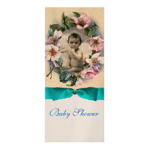 WILD ROSES AND BLUE RIBBON PHOTO TEMPLATE MONOGRAM PERSONALIZED ANNOUNCEMENT