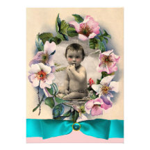 WILD ROSES AND BLUE RIBBON PHOTO TEMPLATE MONOGRAM PERSONALIZED ANNOUNCEMENT
