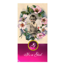 WILD ROSES AND PINK GEMSTONE  MONOGRAM PHOTO CARD TEMPLATE