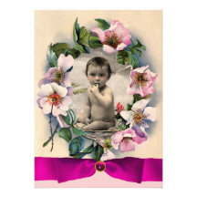 WILD ROSES AND PINK RIBBON PHOTO TEMPLATE MONOGRAM PERSONALIZED ANNOUNCEMENT