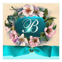 WILD ROSES WITH AQUA BLUE ,TEAL RIBBON ,MONOGRAM ANNOUNCEMENT