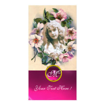 WILD ROSES WITH PINK FUCHSIA GEM STONE MONOGRAM CUSTOM PHOTO CARD