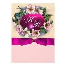 WILD ROSES WITH PINK RIBBON ,MONOGRAM CUSTOM INVITATION