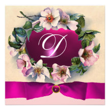 WILD ROSES WITH PINK RIBBON ,MONOGRAM PERSONALIZED INVITATION