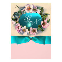 WILD ROSES WITH TEAL BLUE RIBBON ,MONOGRAM CUSTOM ANNOUNCEMENT