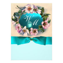 WILD ROSES WITH TEAL BLUE RIBBON ,MONOGRAM PERSONALIZED ANNOUNCEMENTS