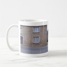 Windows In Rough Stone Wall House With Lace Curtai Coffee Mug