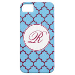 Wine and Silver Blue Quatrefoil Pattern Monogram iPhone 5 Covers