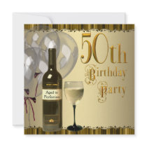 Wine Glass Bottle Gold 50th Birthday Party Custom Invites