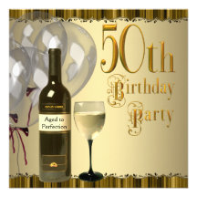 Wine Glass Bottle Gold 50th Birthday Party Custom Invites