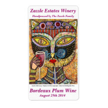 Wine Label - Black Cat Drinking Red Wine