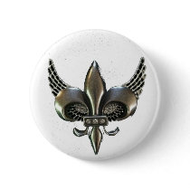 WINGED FLEUR-DE-LIS DISTRESSED PEWTER PINBACK BUTTON