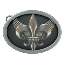 WINGED FLEUR-DE-LIS PEWTER AND BLACK BELT BUCKLES