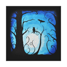 Winter Blue Swirled Tree and Owls Stretched Canvas Prints