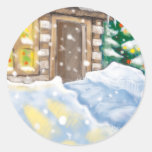 winter cabin round stickers