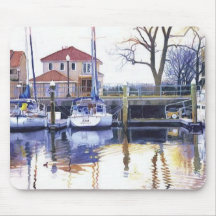 "Winter Harbour" Boats Watercolor Mouse Pads