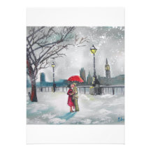 Winter lovers snow London Thames Big Ben painting Personalized Invites