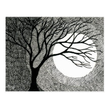 Winter Tree and Moon in Black and White Post Card