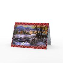 Winter Walk Home Boy Girl & Dog Mountain Texture E Greeting Card