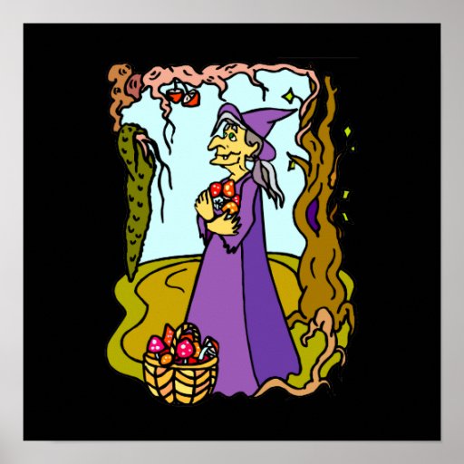 Witch collecting mushrooms print